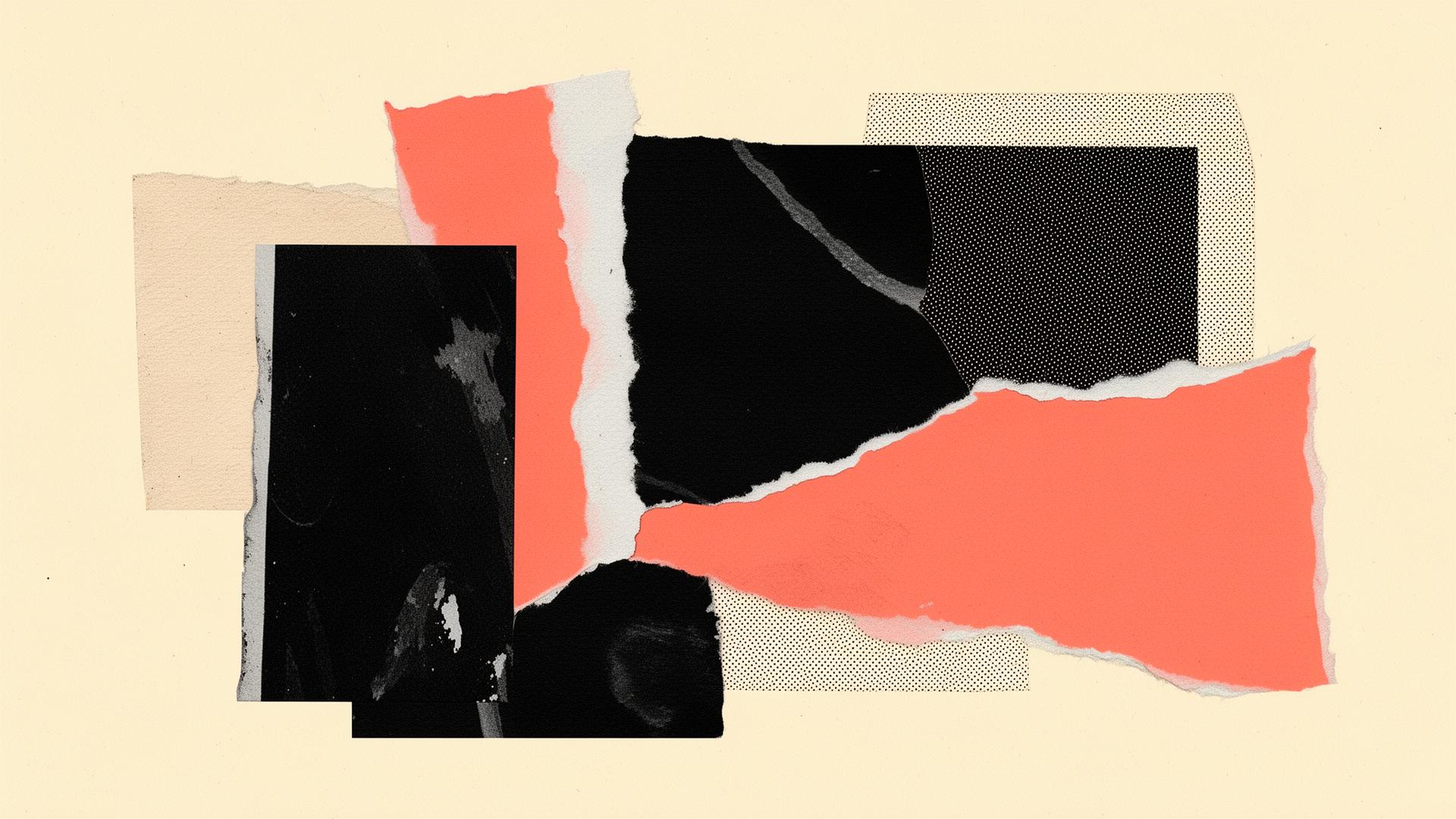 Editorial collage of torn paper, geometric shapes and halftone textures
